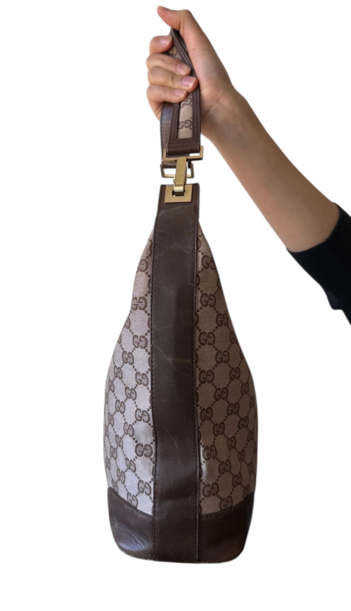 Gucci GG Canvas Shoulder Bag with Brown Leather Trim