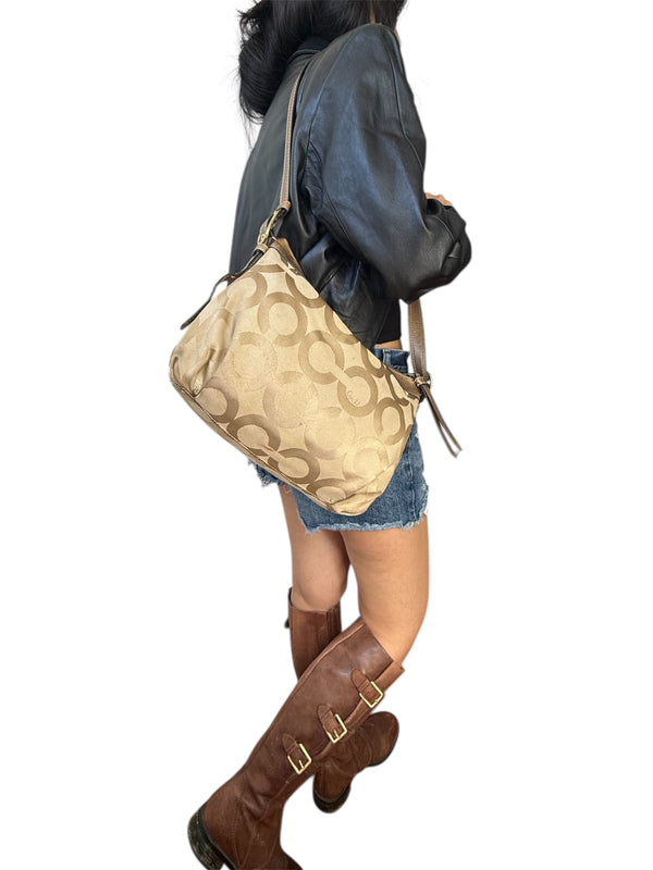 Coach Signature Brown Leather‑Trim Shoulder Bag