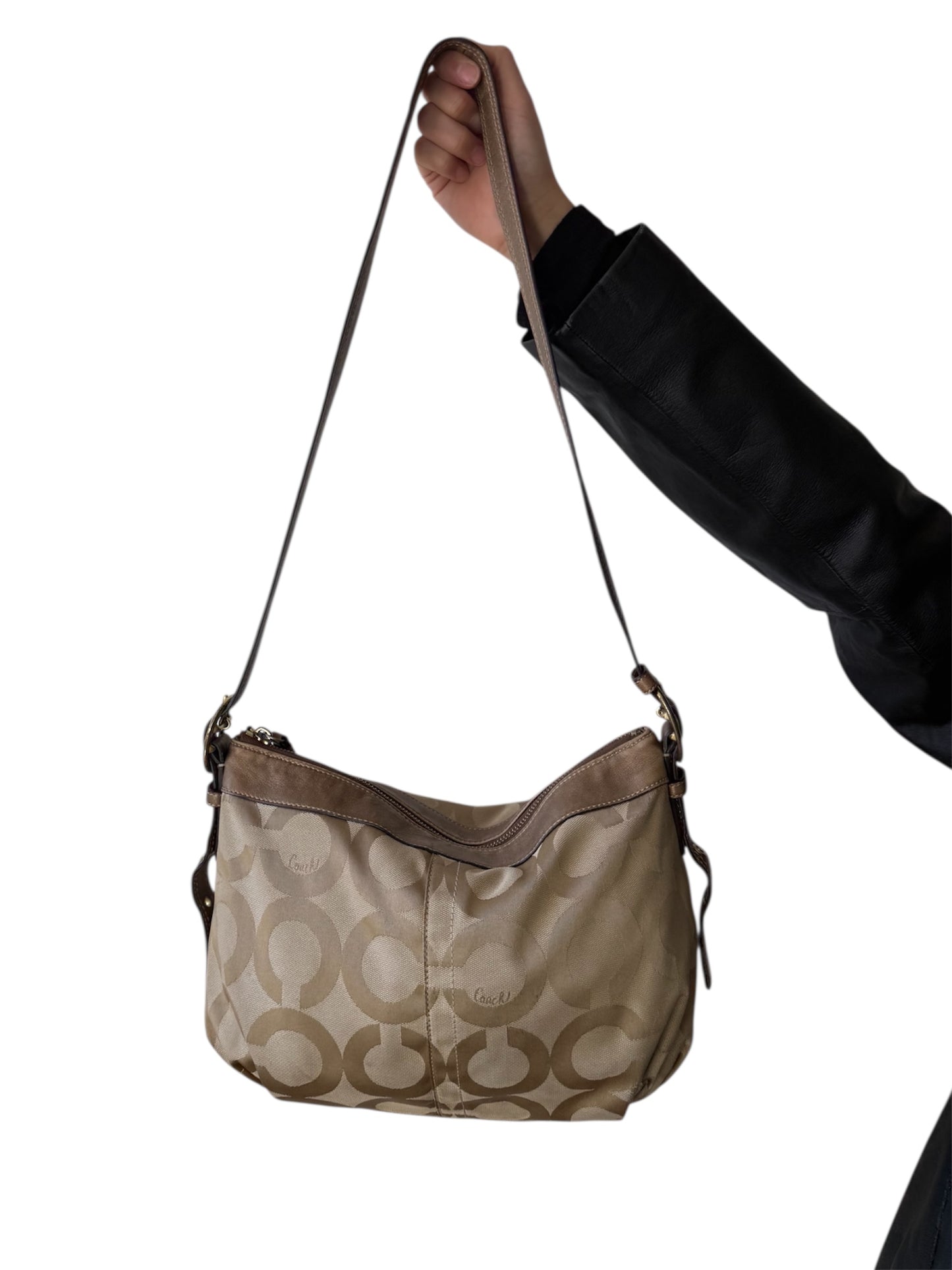 Coach Signature Brown Leather‑Trim Shoulder Bag