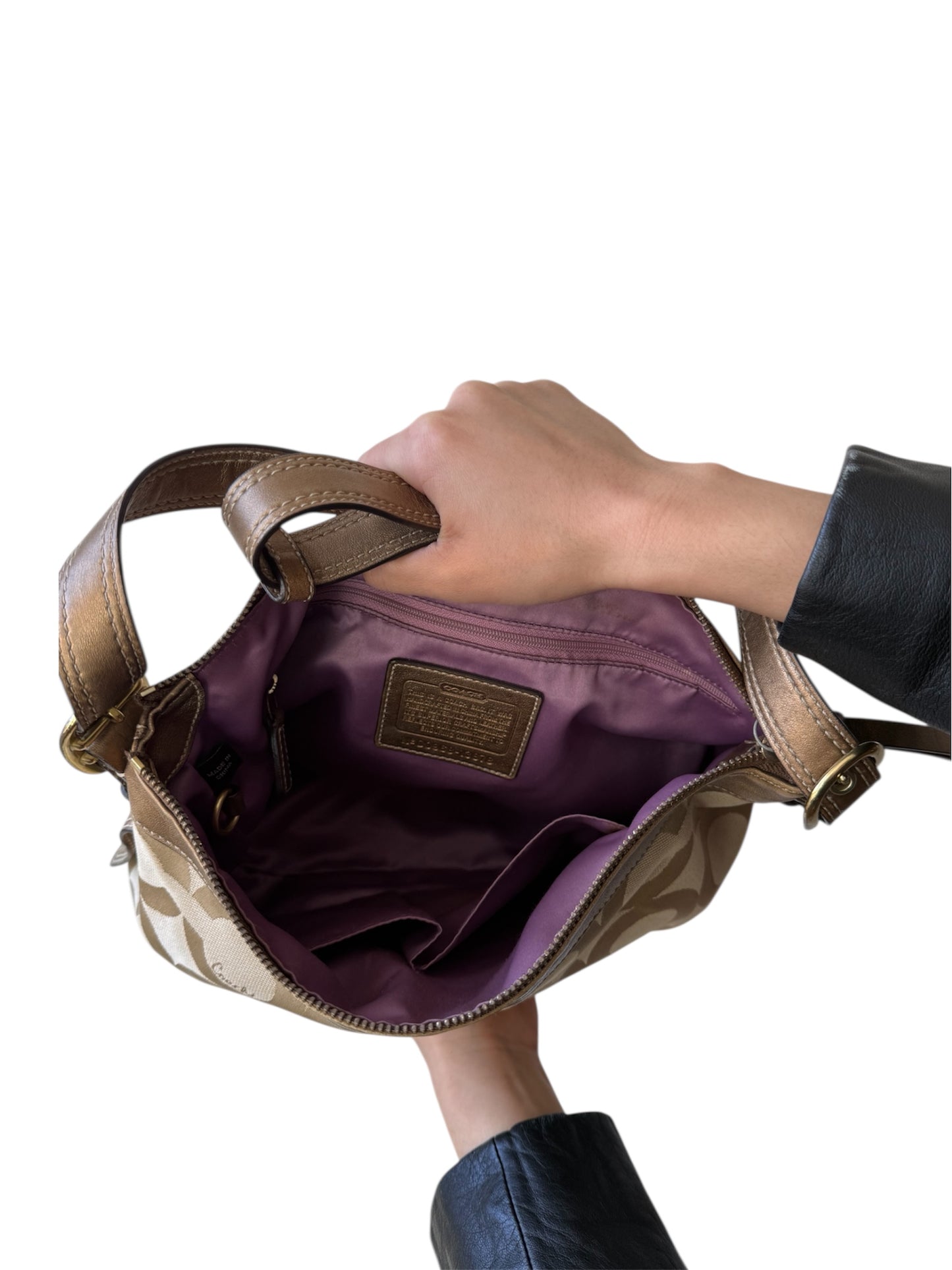 Coach Signature Brown Leather‑Trim Shoulder Bag