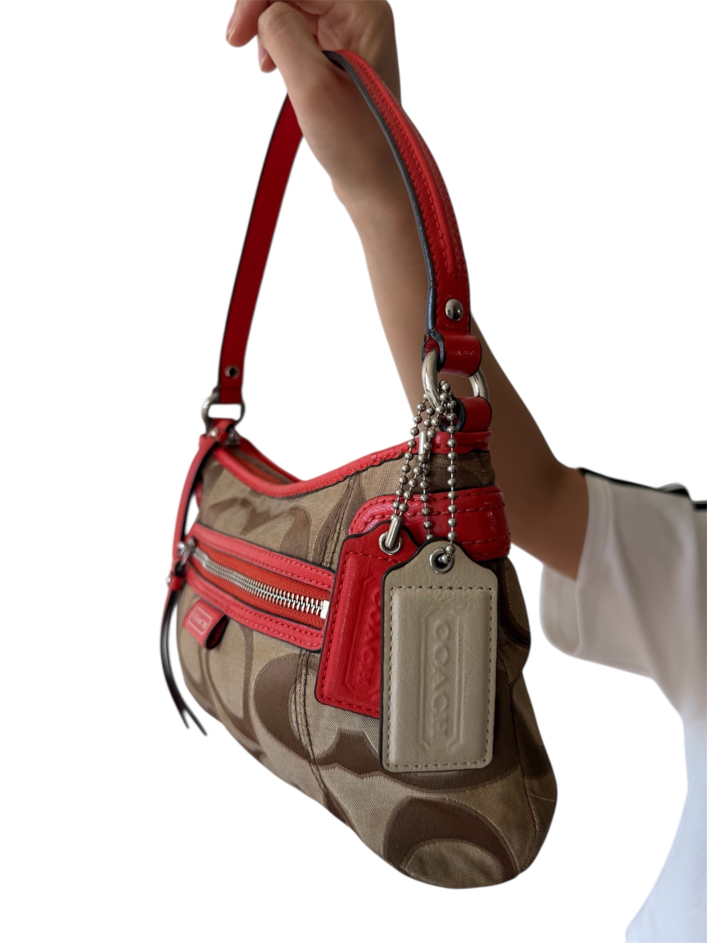 Coach Signature Jacquard Crossbody in Brown/Red Trim
