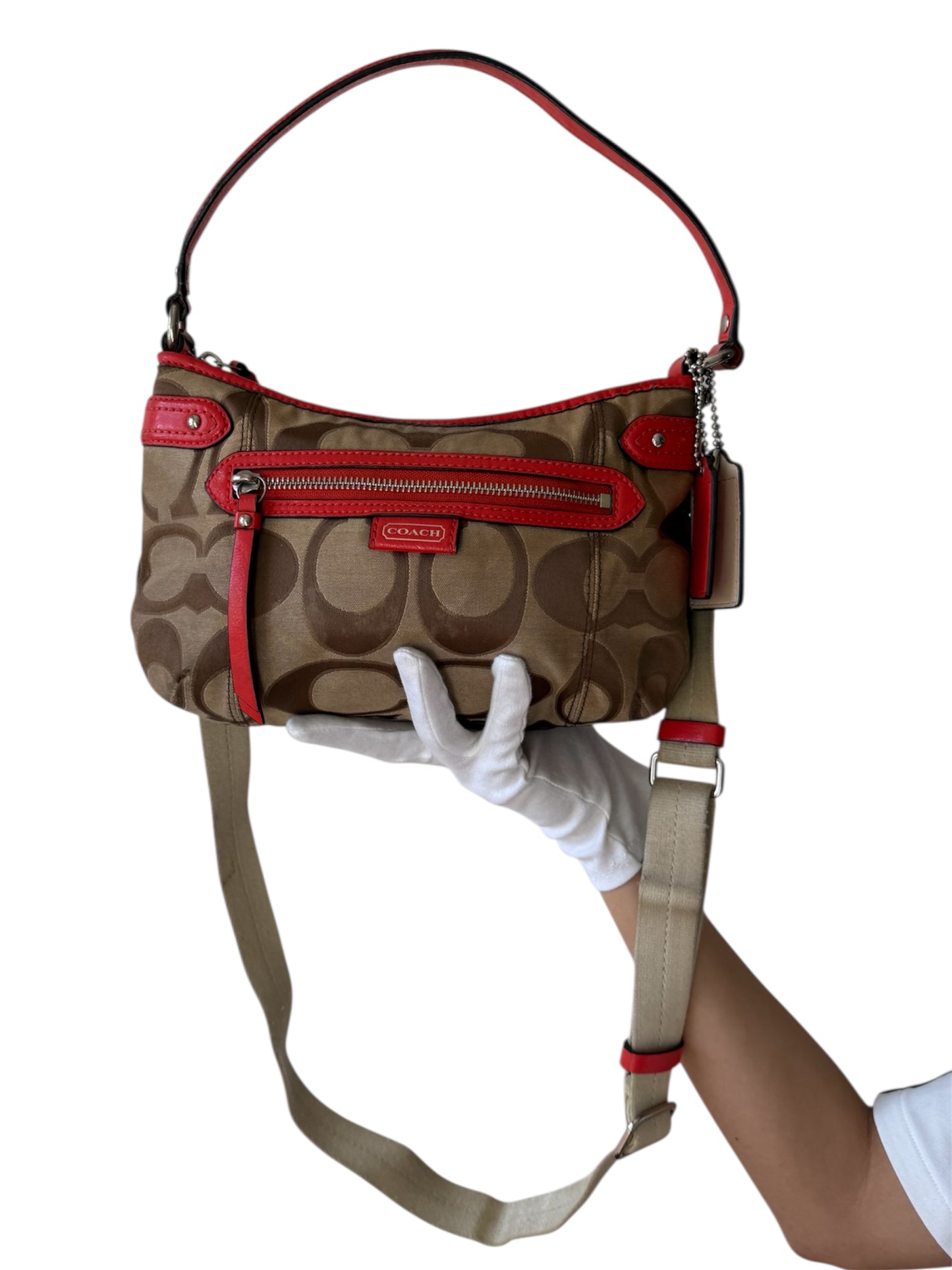 Coach Signature Jacquard Crossbody in Brown/Red Trim