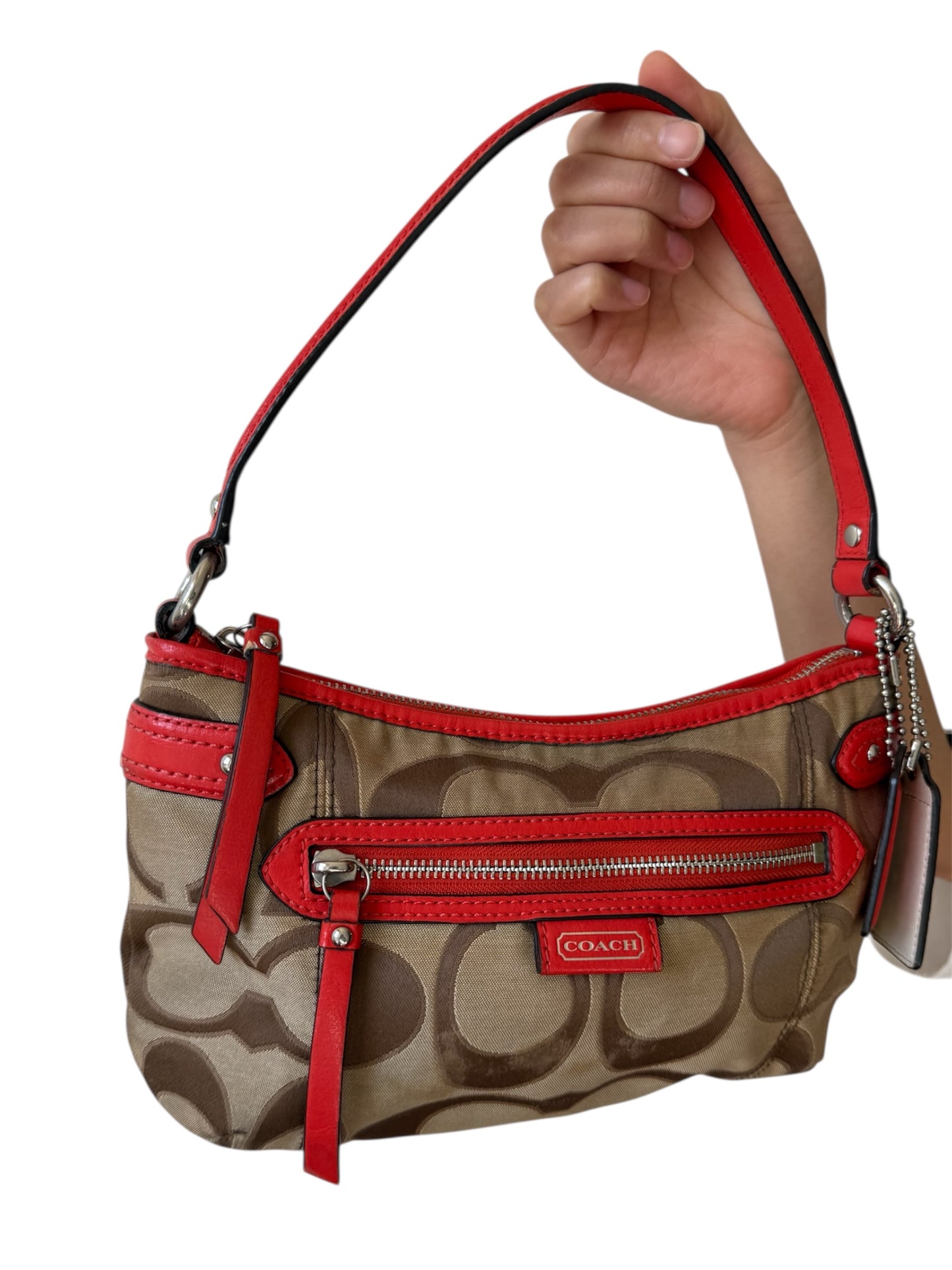 Coach Signature Jacquard Crossbody in Brown/Red Trim