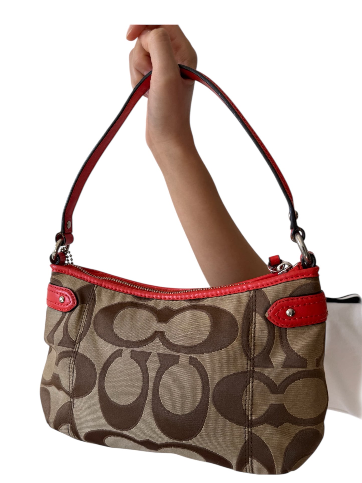 Coach Signature Jacquard Crossbody in Brown/Red Trim