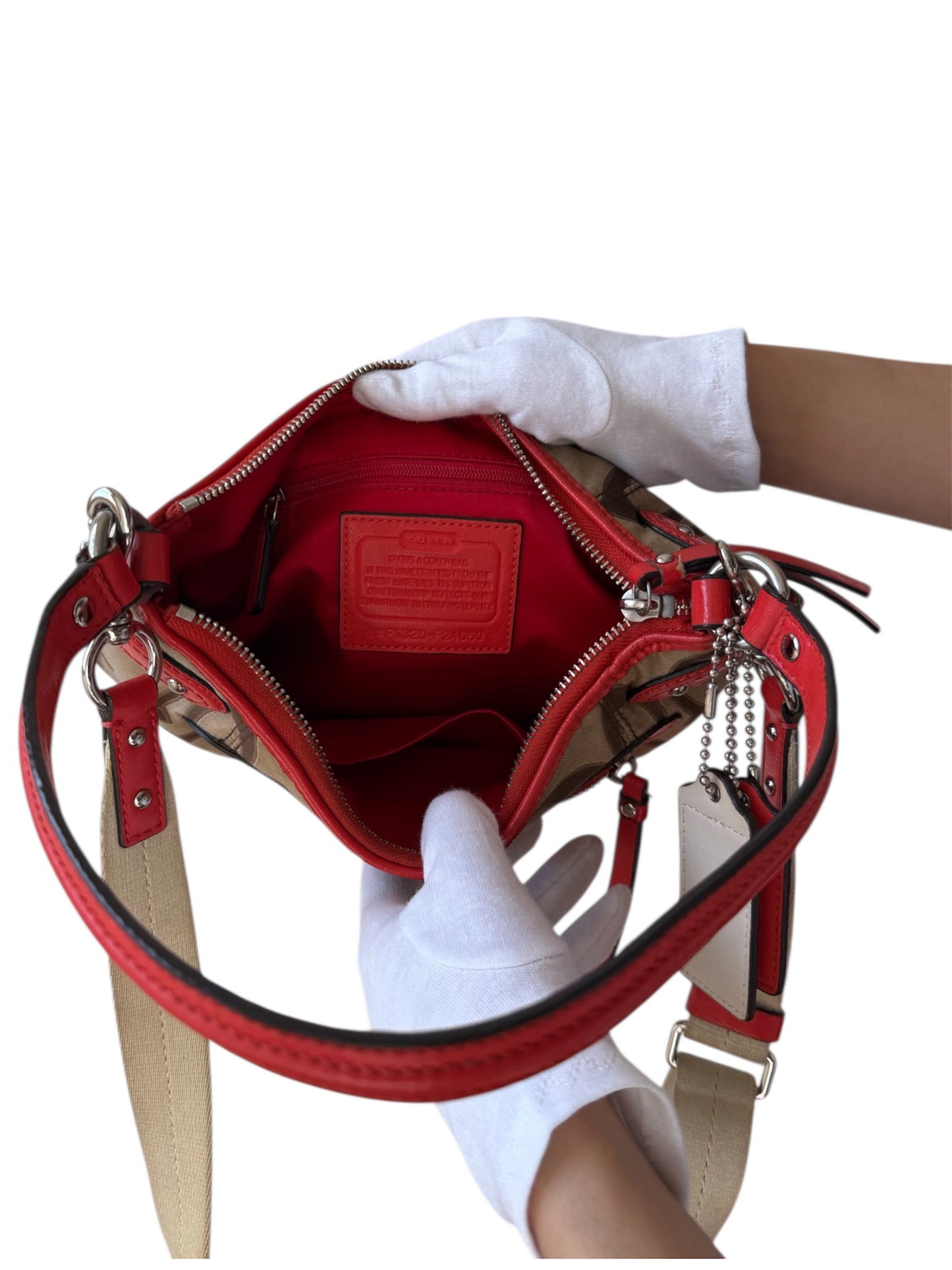Coach Signature Jacquard Crossbody in Brown/Red Trim