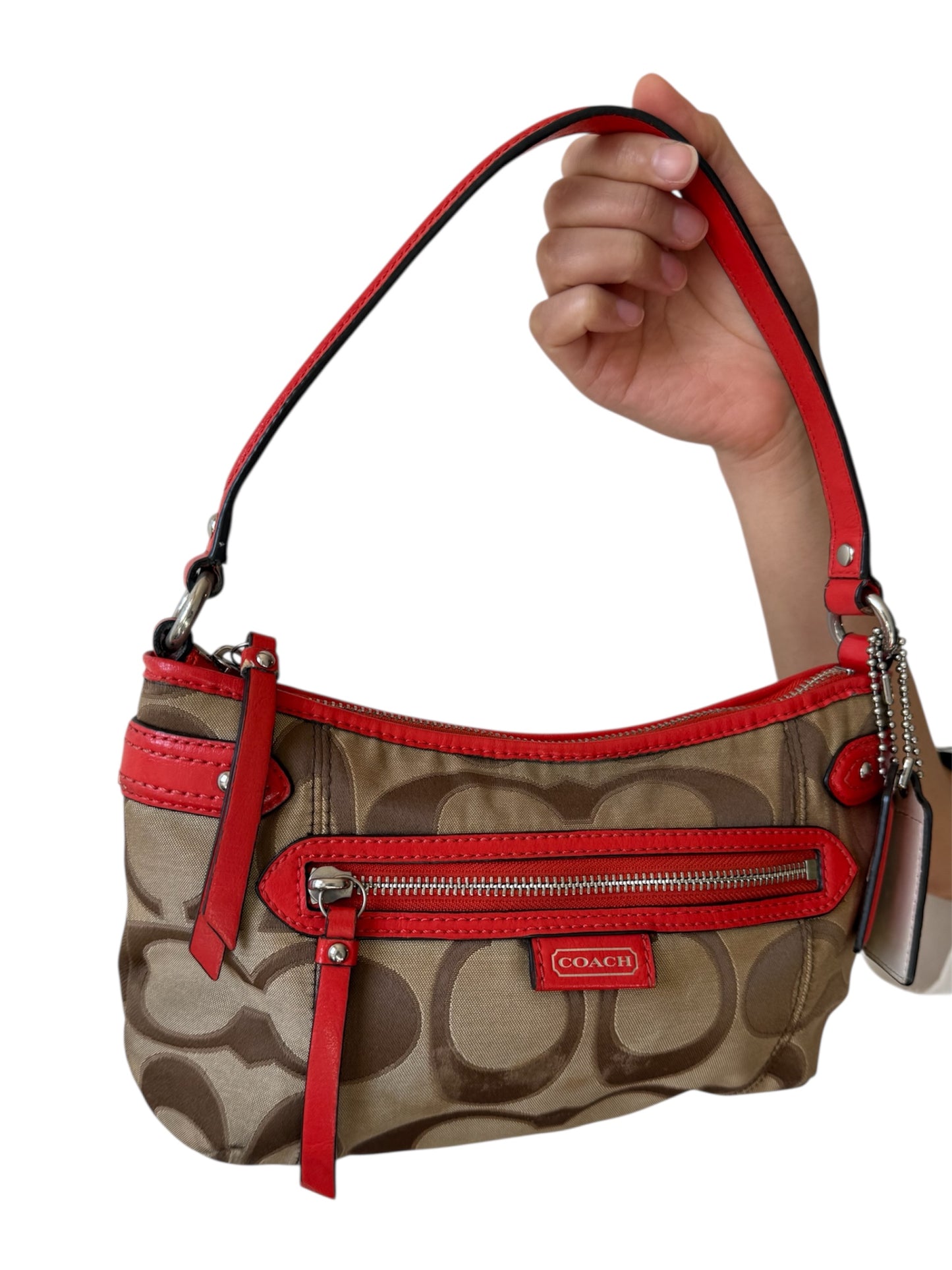 Coach Signature Jacquard Crossbody in Brown/Red Trim