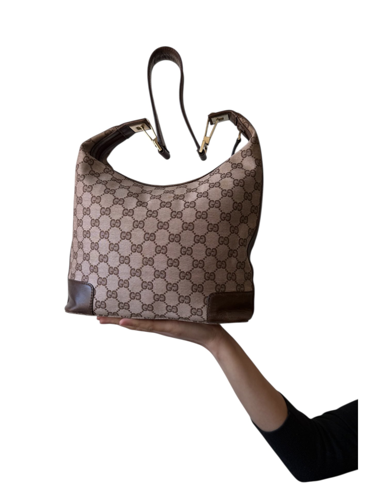 Gucci GG Canvas Shoulder Bag with Brown Leather Trim