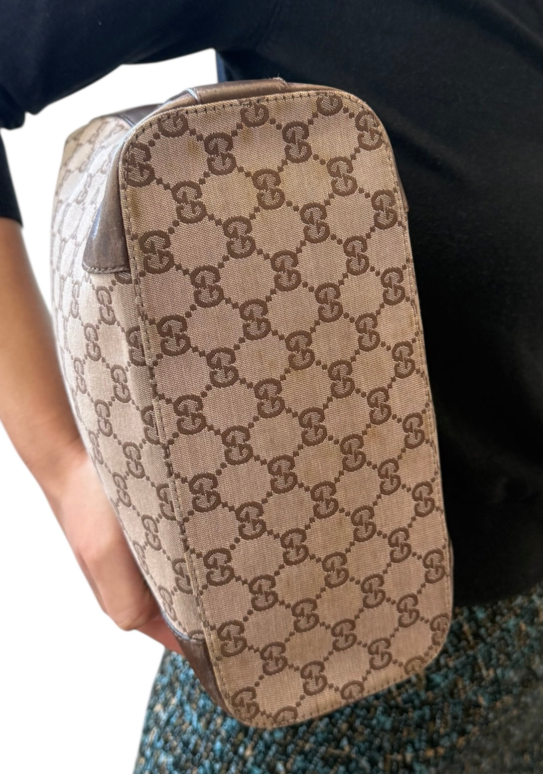 Gucci GG Canvas Shoulder Bag with Brown Leather Trim